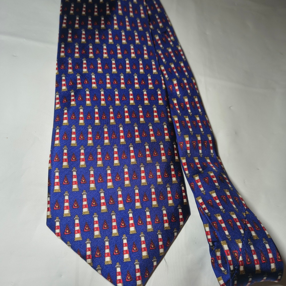 Rivetz of Boston Mens Silk Necktie Blue Nautical Lighthouse Pattern NWT